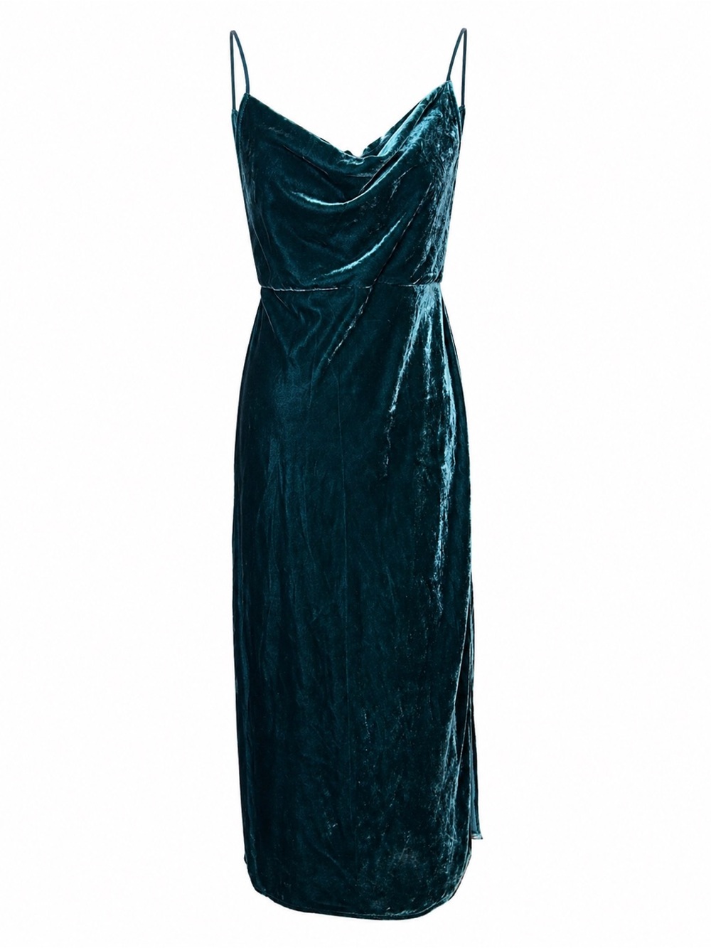 Anthro Teal Velvet Slip‎ Midi Dress Cowl Neck Y2K Whimsigoth Chic-Small